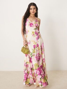 ASOS cross back strappy maxi dress in white pink floral